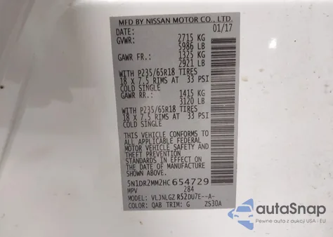 2017 Nissan Pathfinder Sl z USA, uszkodzony, nr VIN 5N1DR2MM2HC654729